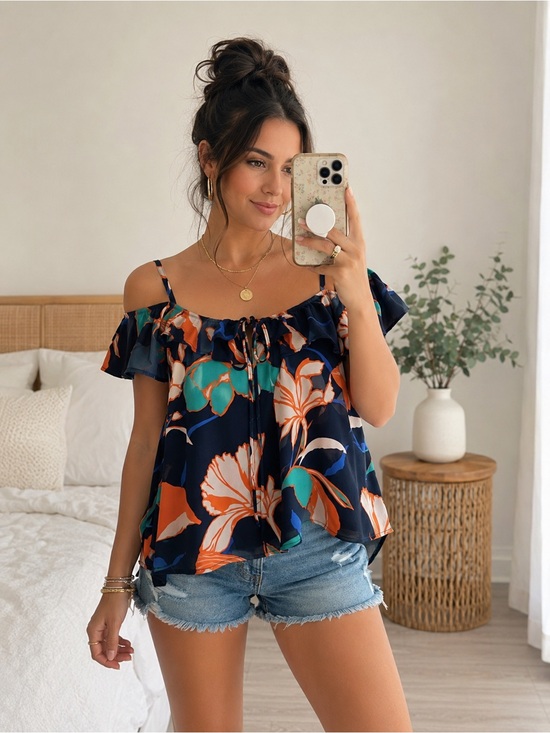 Japna Tops - Japna Navy Floral Off-the-Shoulder Flutter Sleeve Blouse | Size Medium | NWT